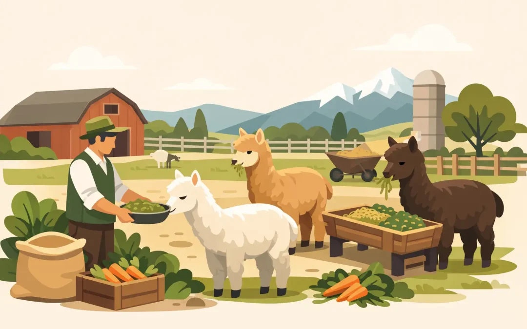 Alimentazione guidata degli alpaca in fattoria
