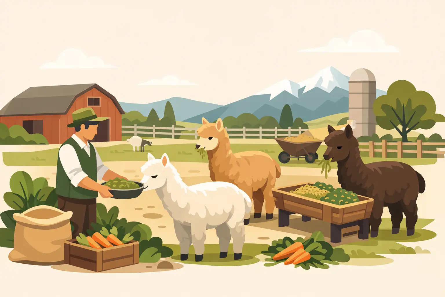 Alimentazione guidata degli alpaca in fattoria